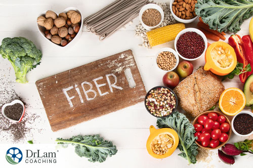 An image of various healthy food with a wood sign that has fiber written on it