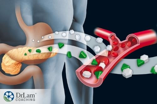 An image of the stomach with a microscopic view of the digestive process
